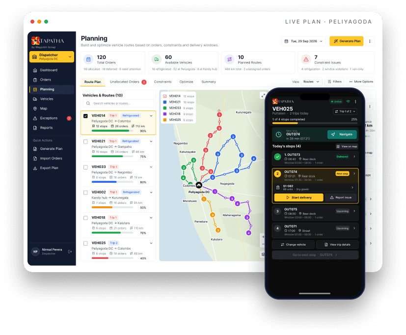Katapatha planning workspace with route map, beside the driver app showing today's stops