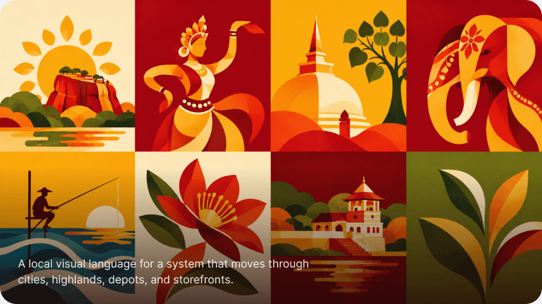 A visual language for a system that moves through cities, highlands, depots, and storefronts.